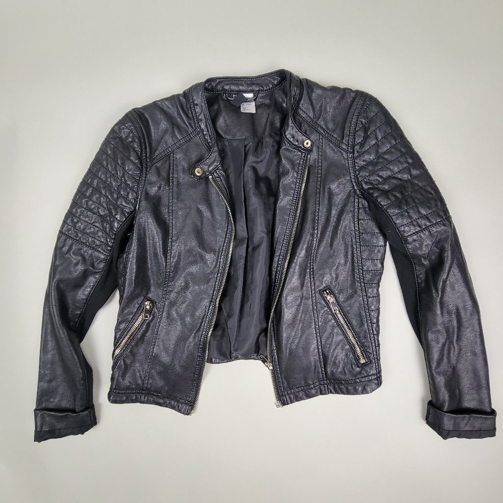 H&M DIVIDED Black Faux Leather Motorcycle Jacket - Size 6